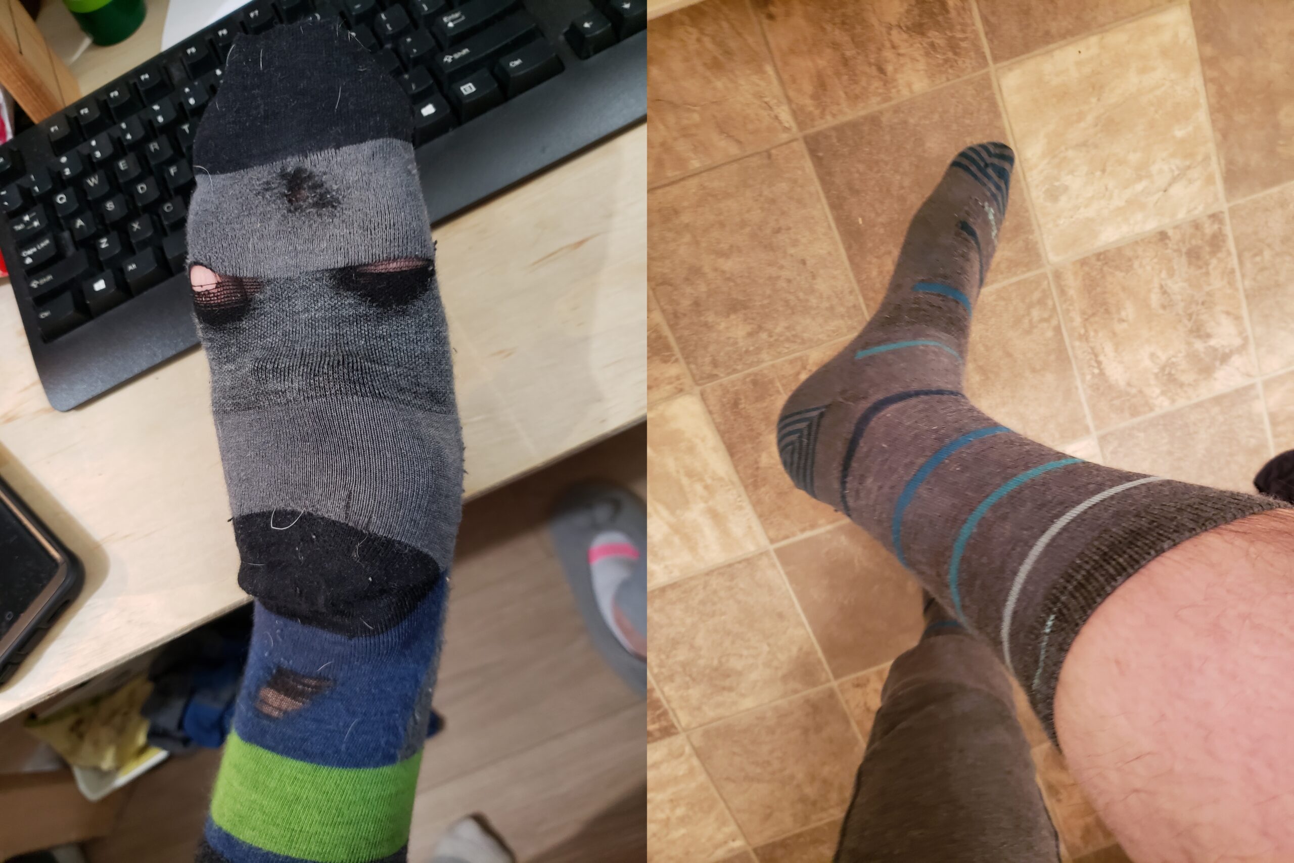 Collage of an old and new Darn Tough sock